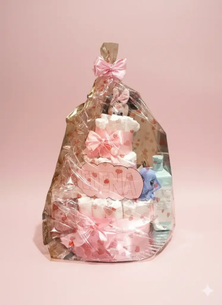 Tarta de Pañales Personalizada de 3 pisos + 6 productos + peluche