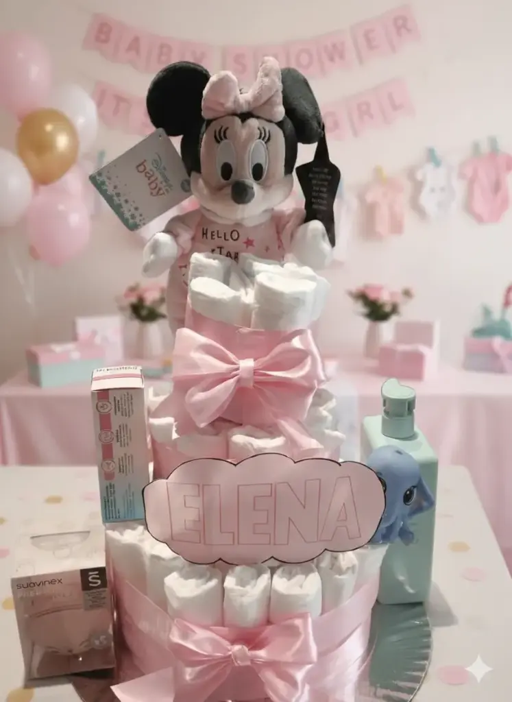 Tarta de Pañales Personalizada de 3 pisos + 4 productos + peluche