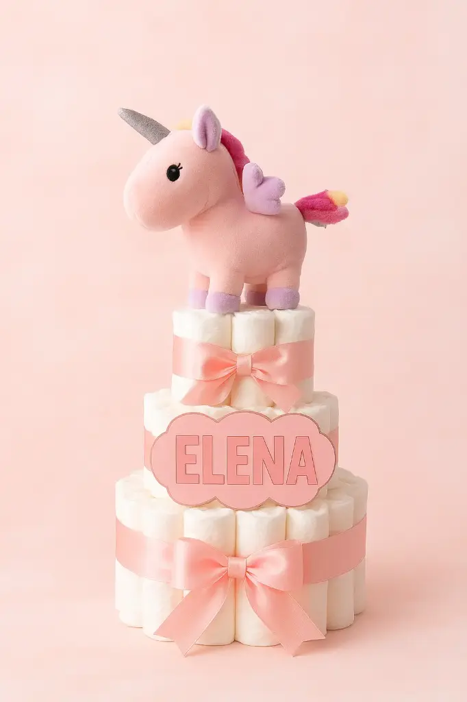 Tarta de Pañales 3 pisos + Peluche Unicornio