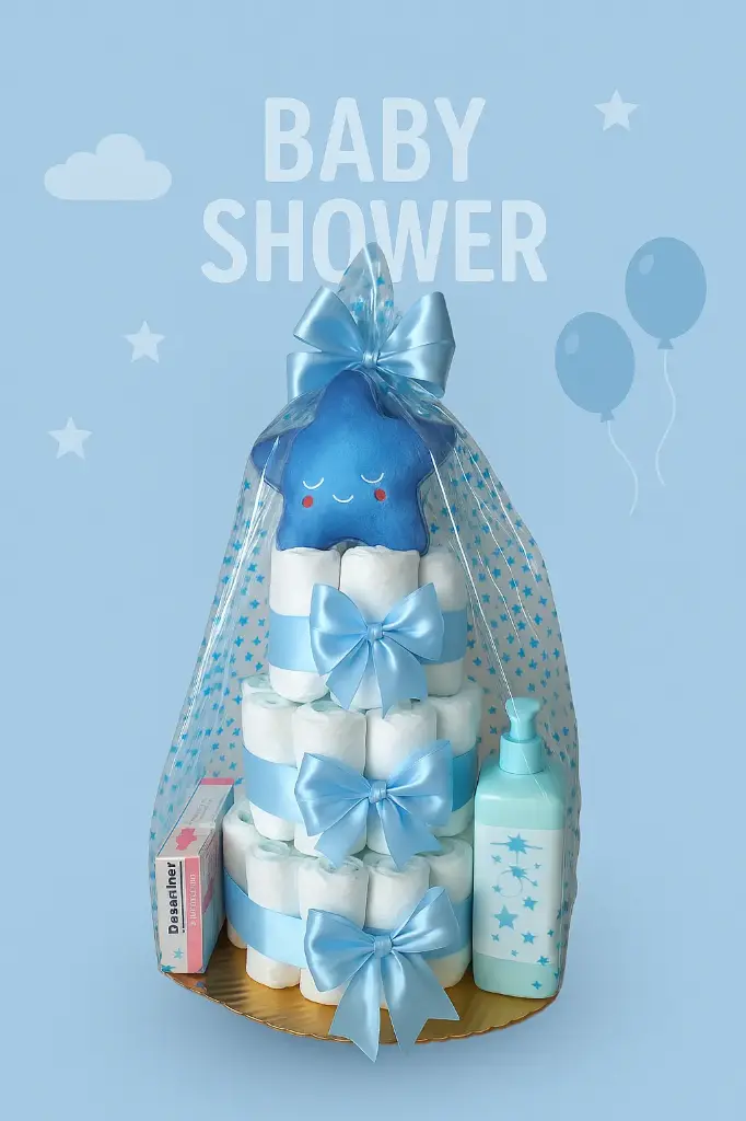 Tarta de Pañales Personalizada de 3 pisos + 2 productos + peluche