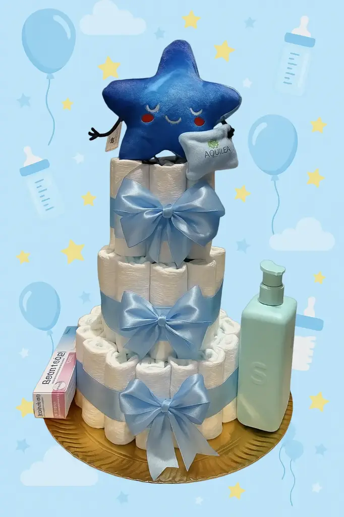 Tarta de Pañales Personalizada de 3 pisos + 2 productos + peluche